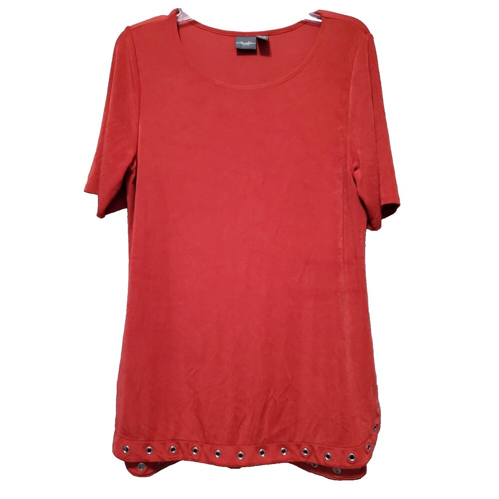 Chico's Travelers Red Slinky Knit Short Sleeve Grommet Trim Tunic Size 1 Medium